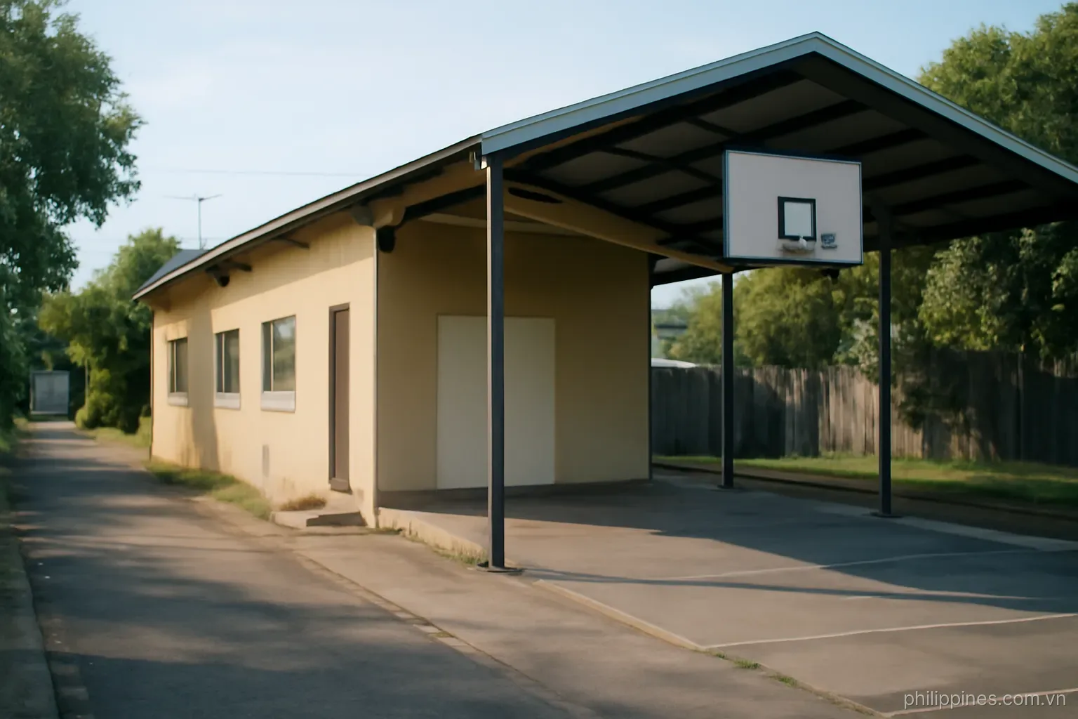 A small single-storey community hall with a covered basketball court beside it in a residential lane, no readable text