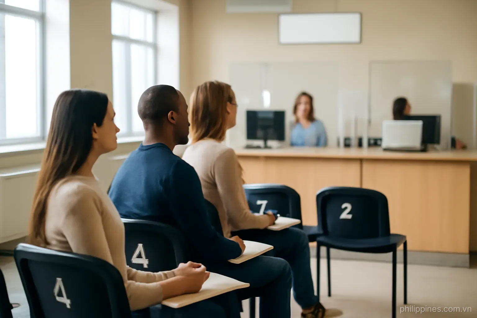 A government service counter with numbered queue seats and applicants waiting with document folders, no readable text