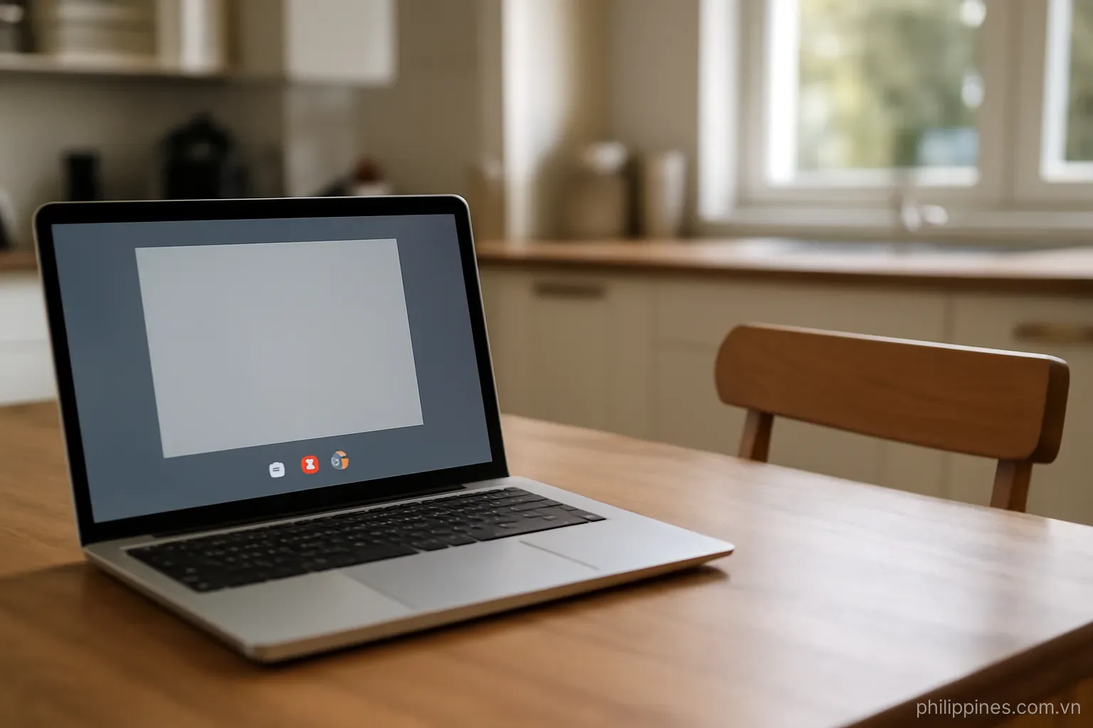 A laptop on a kitchen table showing an open video call window with an empty chair pulled up beside it, no readable text