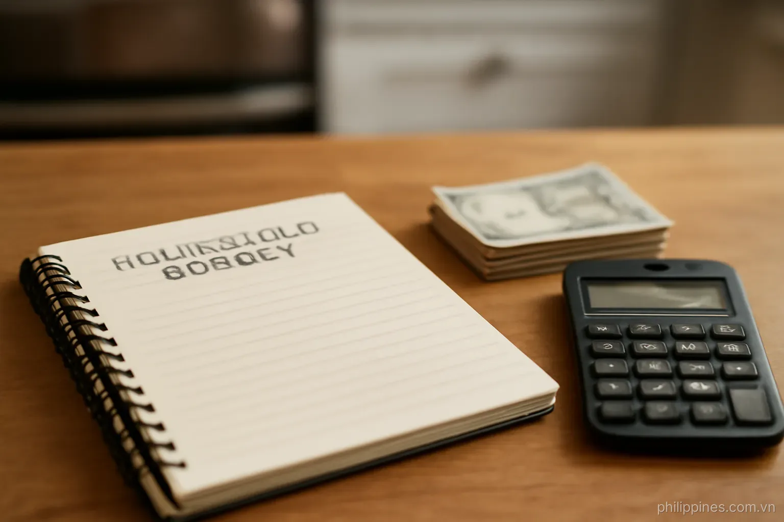 A handwritten household budget notebook beside a small stack of bills and a calculator on a kitchen table, no readable text