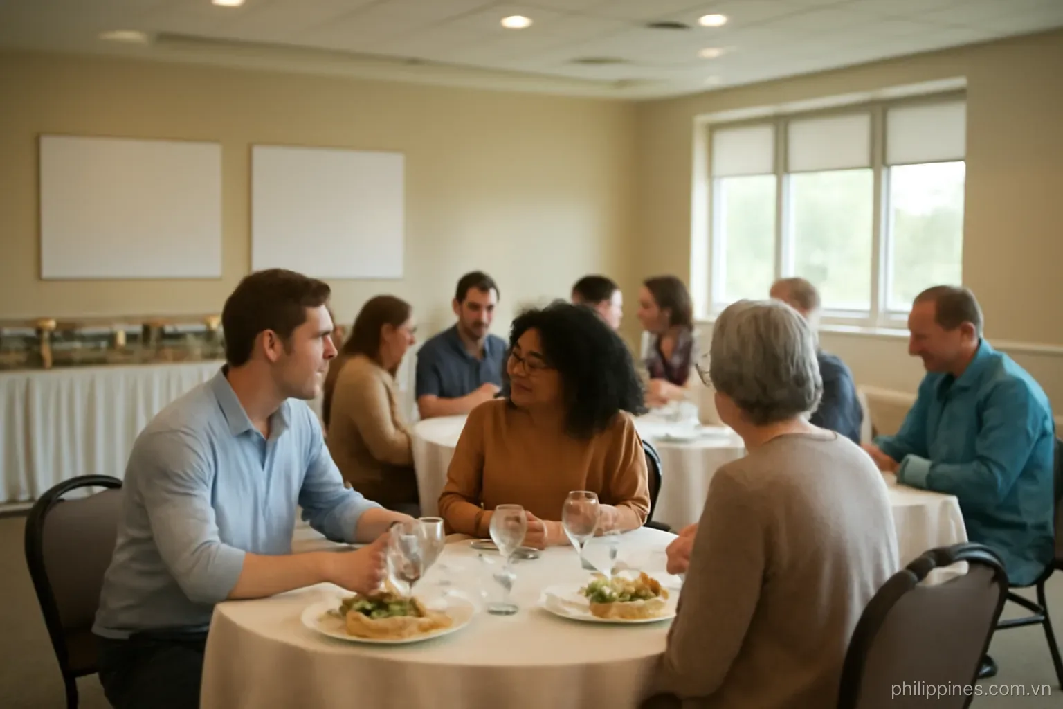 A small gathering in a rented function room with round tables and a buffet along one wall, no readable text