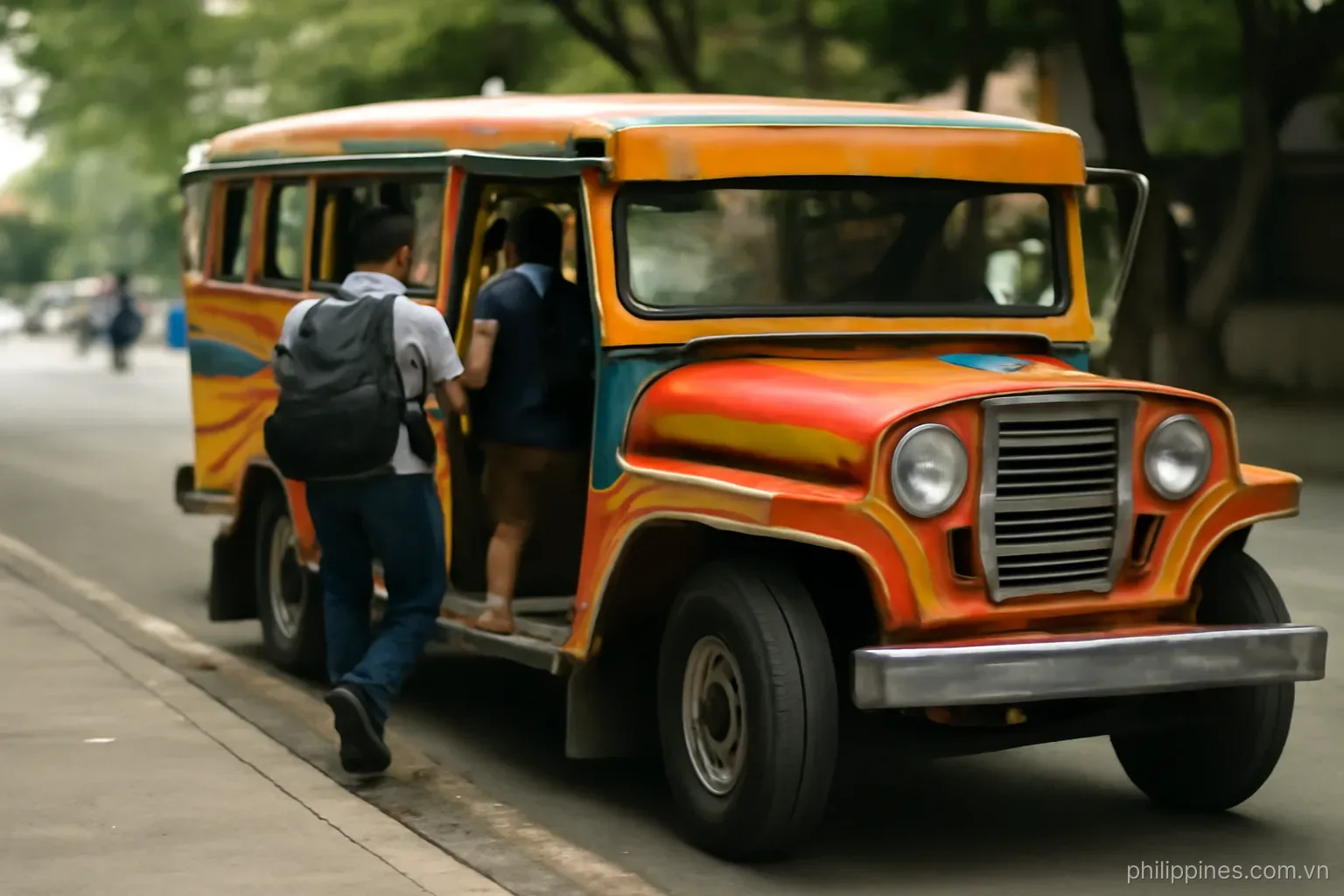 A brightly painted passenger jeepney waiting at a kerb with commuters stepping aboard from the rear, no readable text
