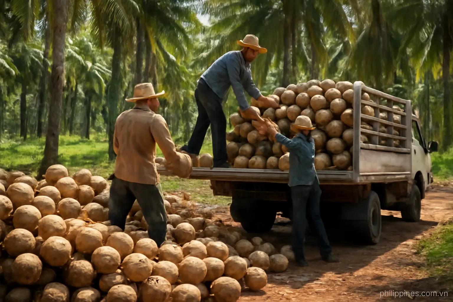 A coconut plantation with workers loading husked nuts onto a flatbed truck under bright sun, no readable text