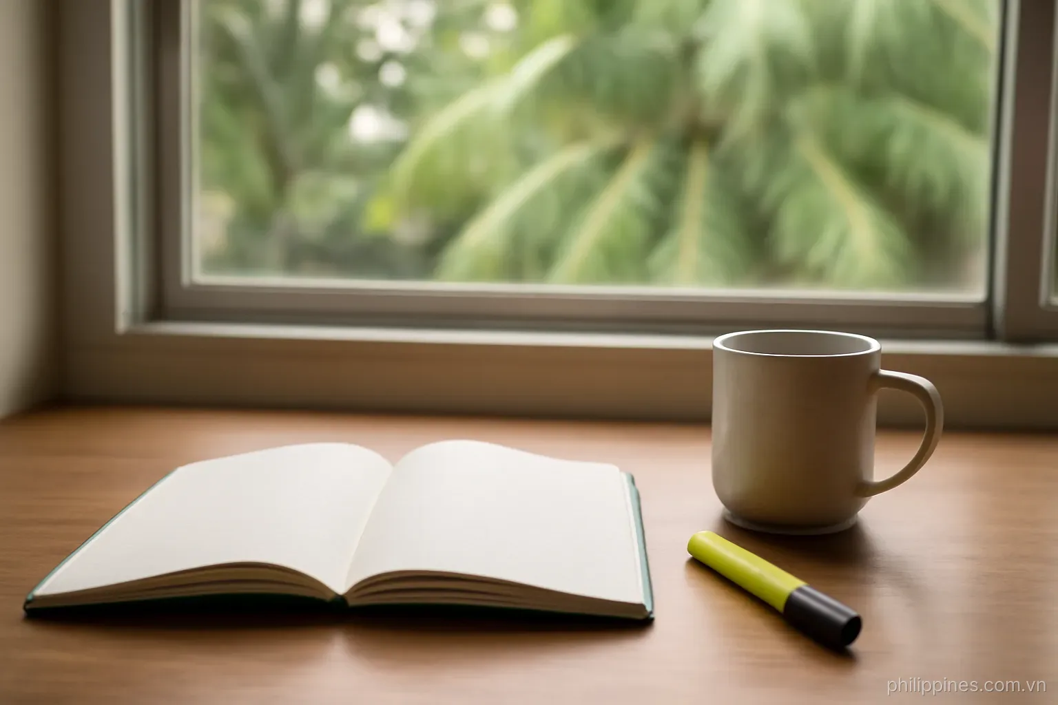 A student desk with an open notebook, a highlighter and a mug beside a window looking onto palm trees, no readable text