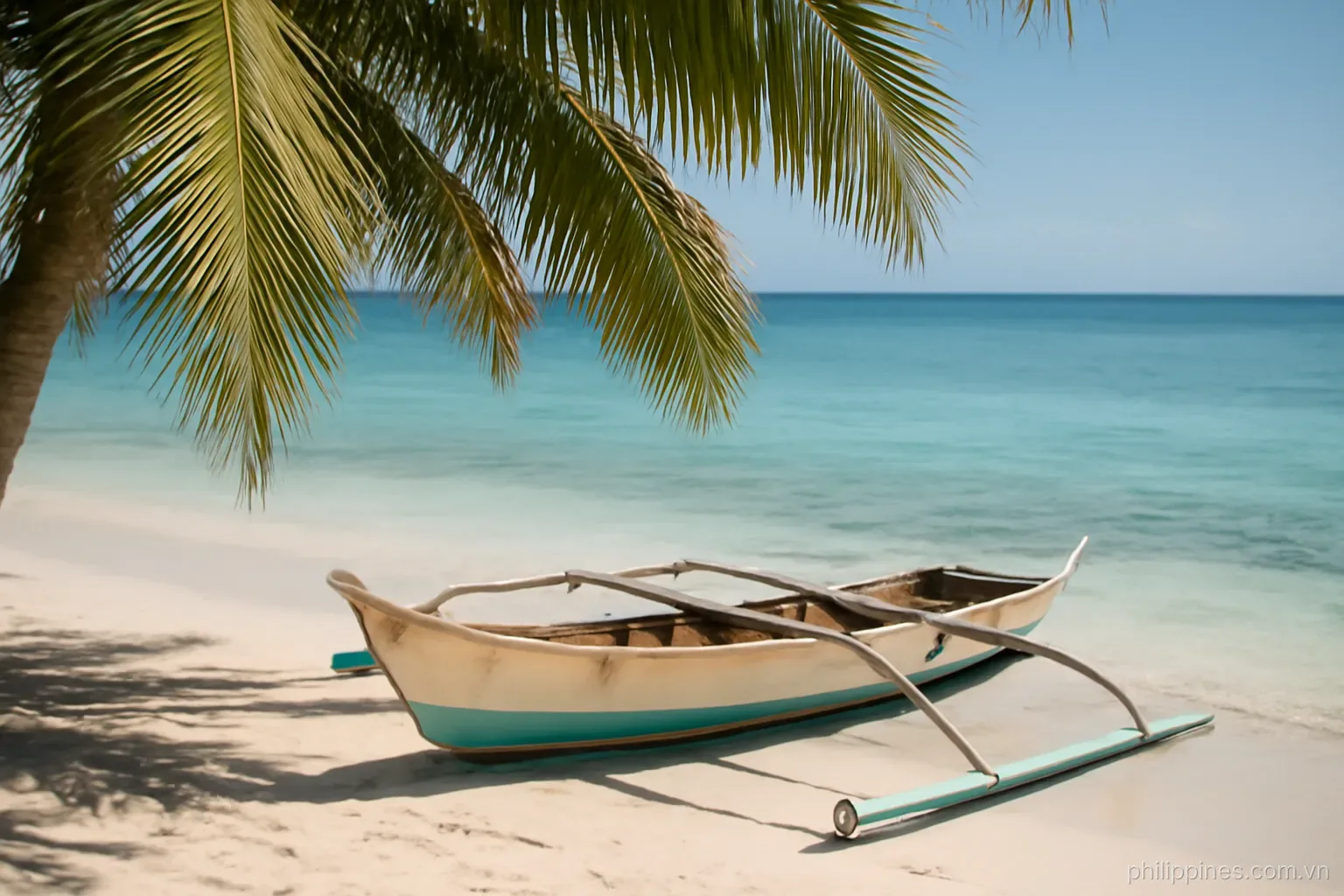 A small outrigger boat pulled up on white sand with palm shade and clear shallow water beyond, no readable text
