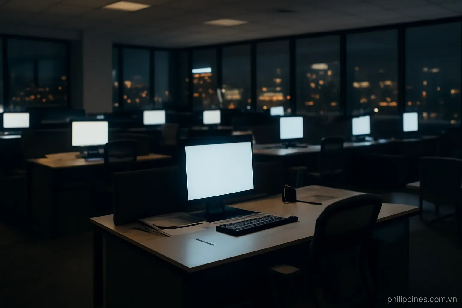 An open-plan office floor at night with rows of workstations lit by monitor glow and city lights outside, no readable text
