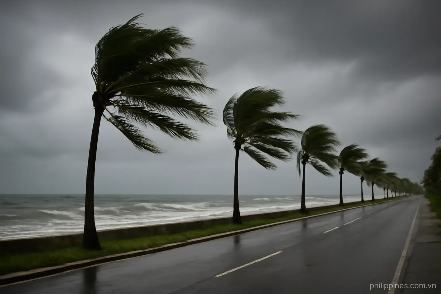 Palm trees bending in strong wind beside a coastal road with heavy grey clouds low over the sea, no readable text
