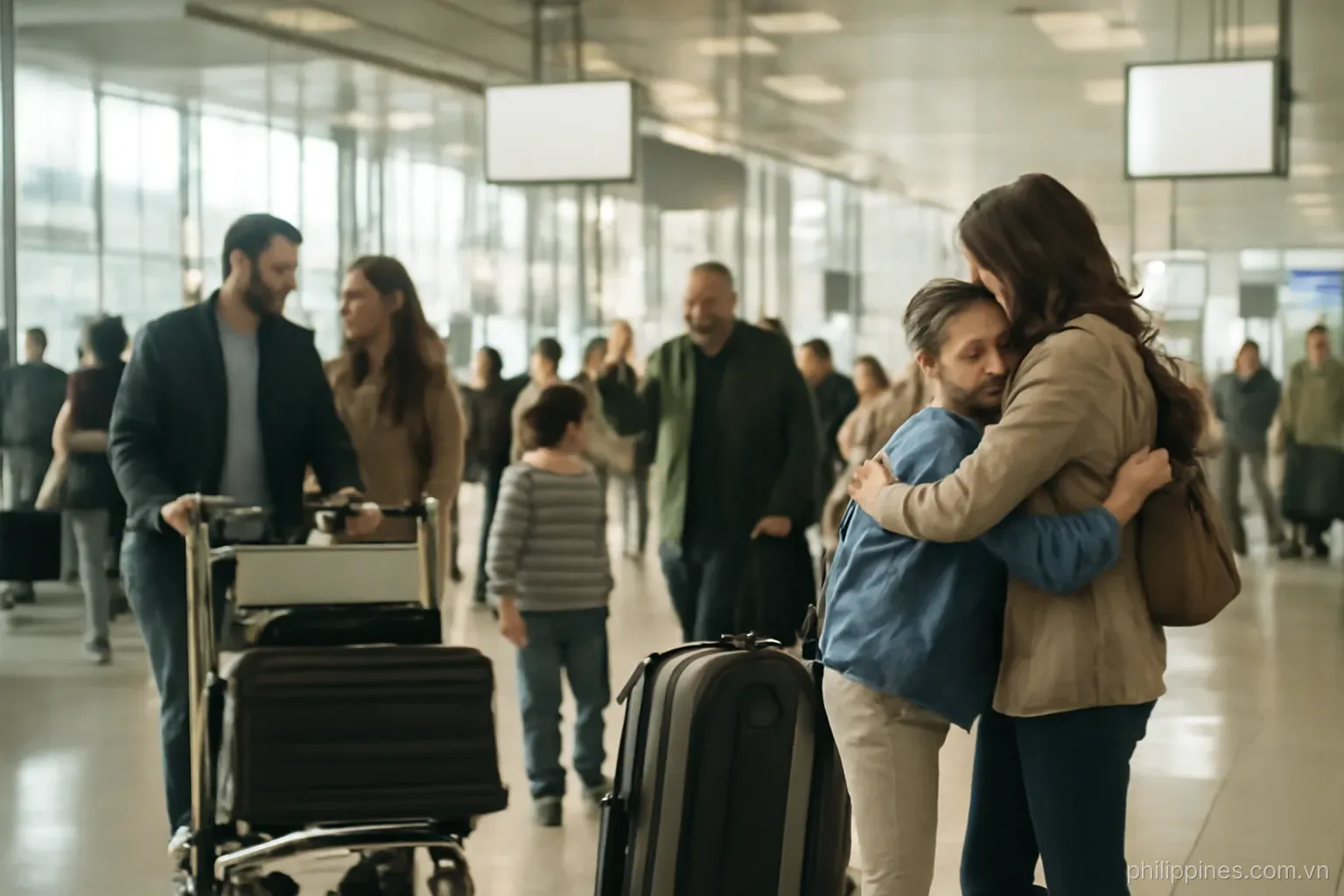 A crowded airport departure hall with families seeing off travellers pushing luggage trolleys, no readable text
