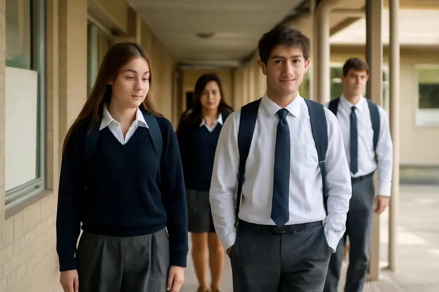 Students in school uniforms walking through a covered corridor beside classroom doors, no readable text
