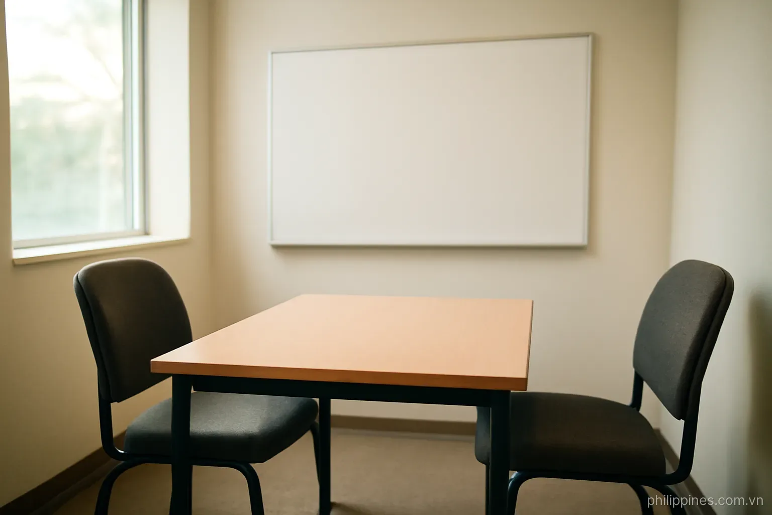 A small tutoring cubicle with two chairs facing each other across a narrow desk and a whiteboard on the wall, no readable text