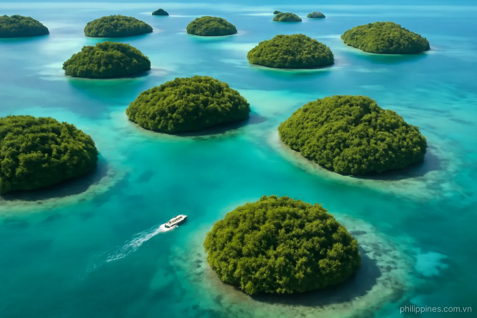 An aerial view of scattered green islands in turquoise shallow water with a small boat crossing between them, no readable text