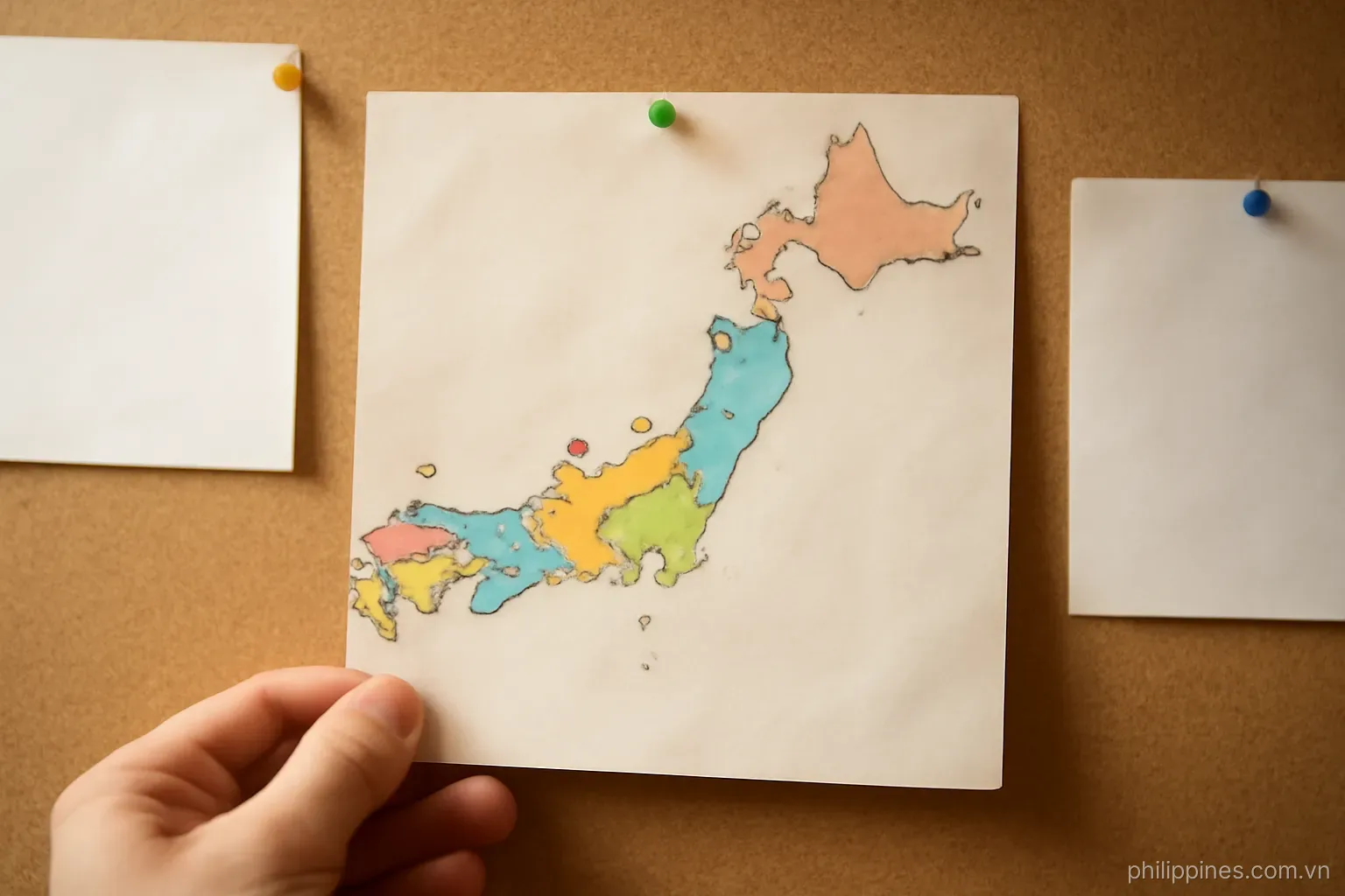 A hand-drawn language map pinned to a corkboard with coloured regions marked by pins, no readable text