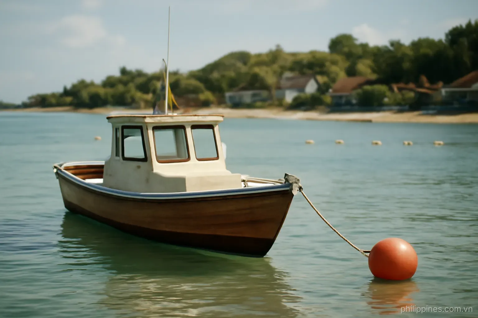 A small wooden patrol boat anchored beside a buoy marking a protected reef area near a village shore, no readable text