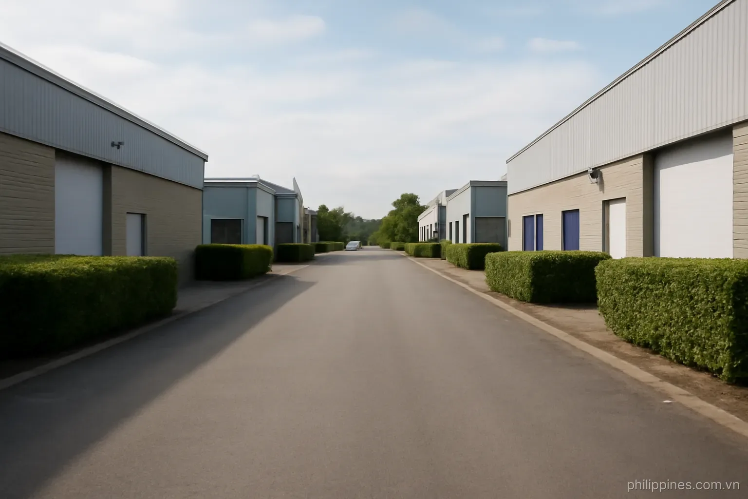 A wide access road inside an industrial estate lined with low factory buildings and trimmed hedges, no readable text