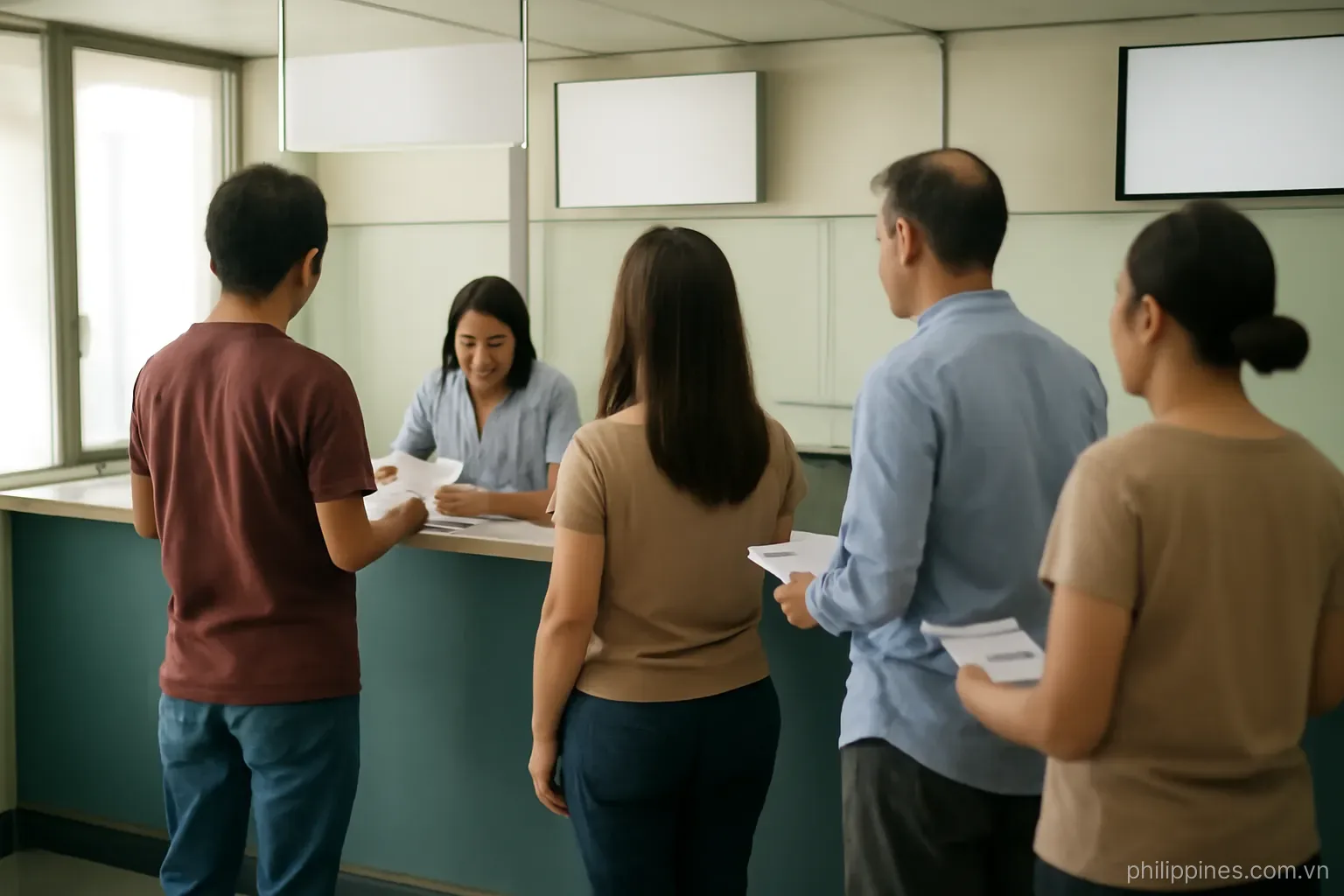 A remittance shop counter with a queue of customers holding forms under fluorescent lighting, no readable text