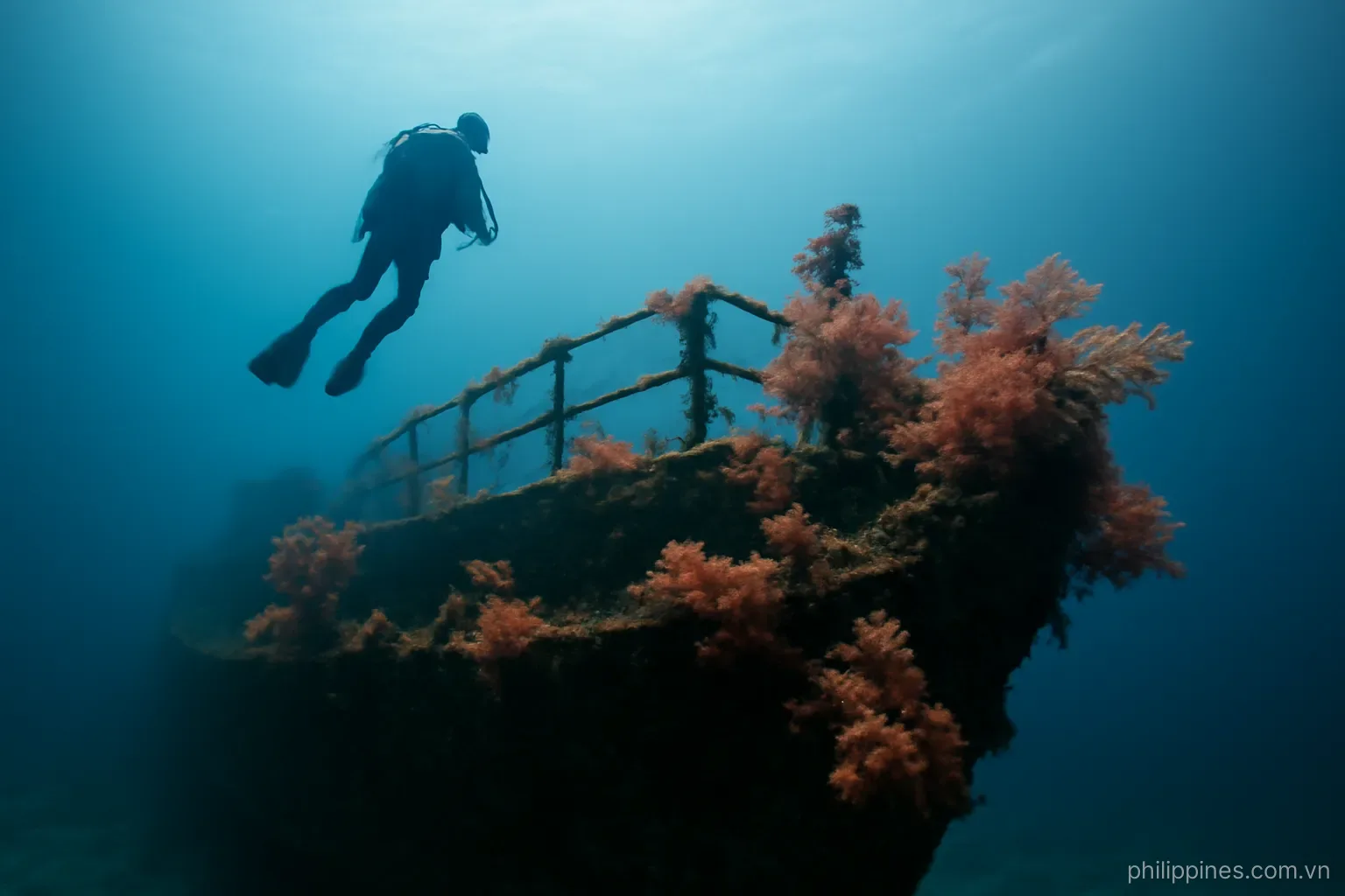 A diver silhouetted above the deck of a sunken ship covered in soft coral in blue water, no readable text