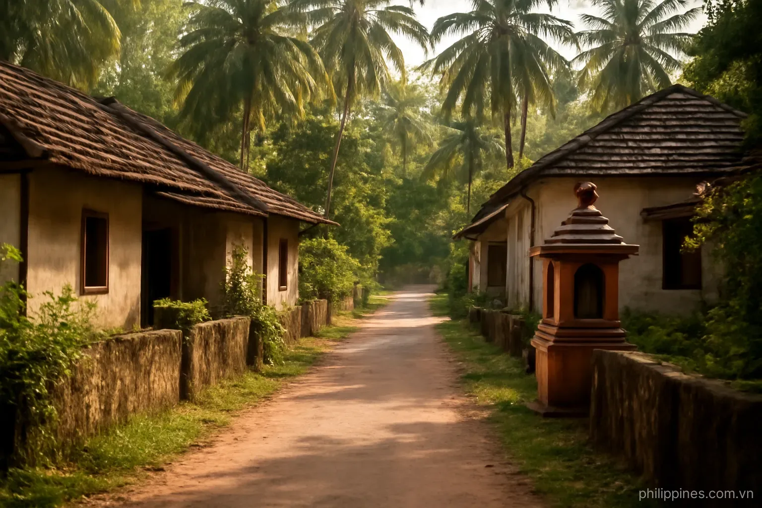 A quiet village lane with modest houses, a small shrine and coconut palms in tropical afternoon light, no readable text