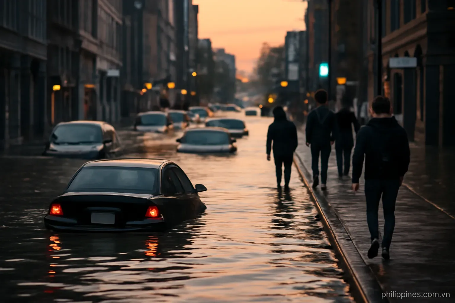 A flooded city street at dusk with vehicles half submerged and people wading along a raised sidewalk, no readable text