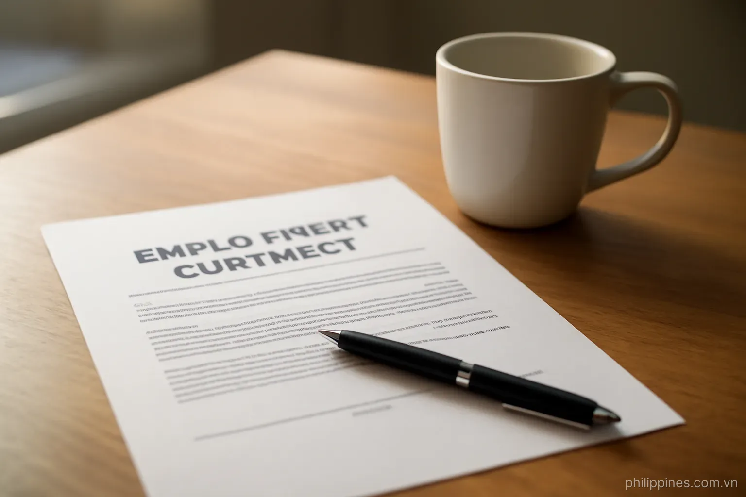 A printed employment contract with a pen resting on the signature line beside a mug on an office desk, no readable text
