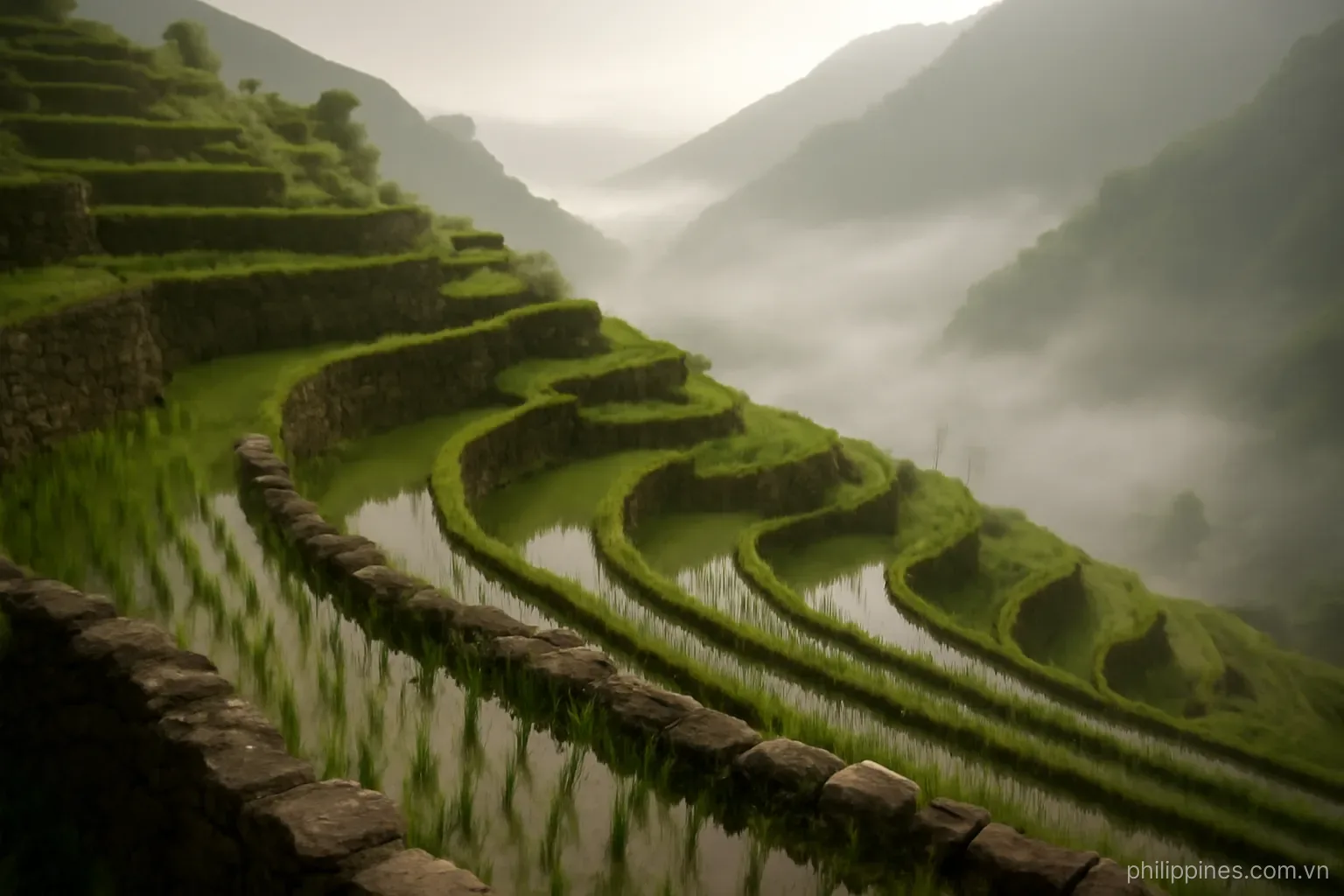 Stone-walled rice terraces stepping down a steep mountainside with morning mist in the valley below, no readable text