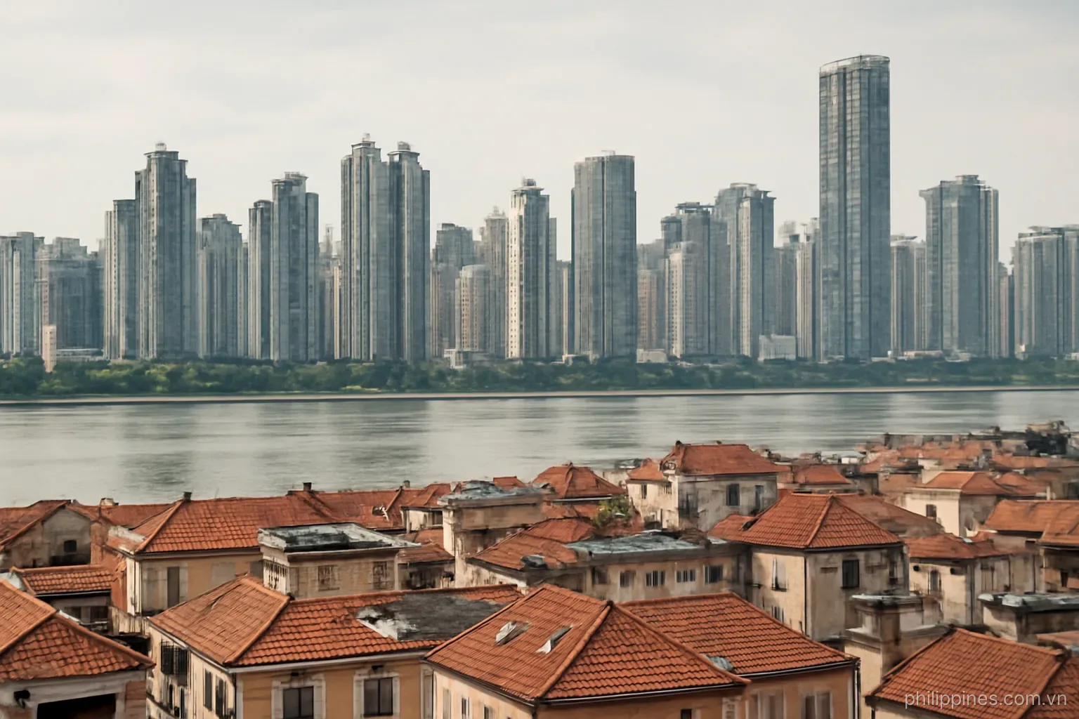 A dense cityscape of high-rise towers seen across a river with low-rise rooftops in the foreground, no readable text