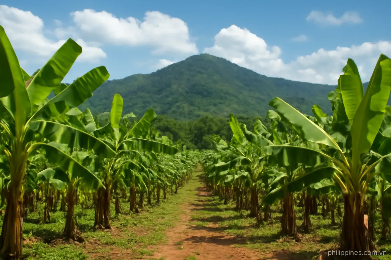 A banana plantation stretching toward a forested mountain ridge under a bright tropical sky, no readable text