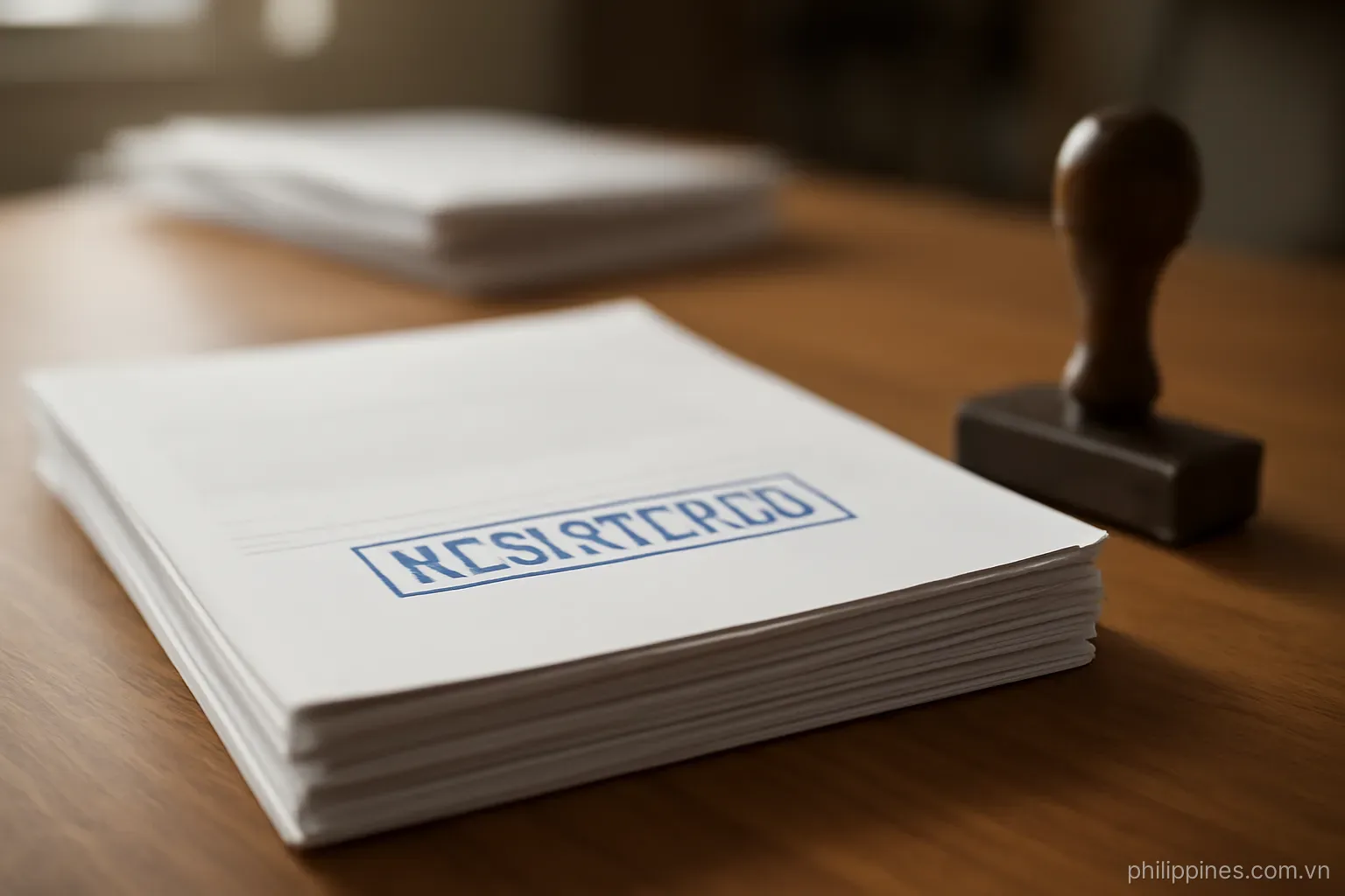 A stack of stamped registration documents and a rubber stamp on a wooden office desk, no readable text