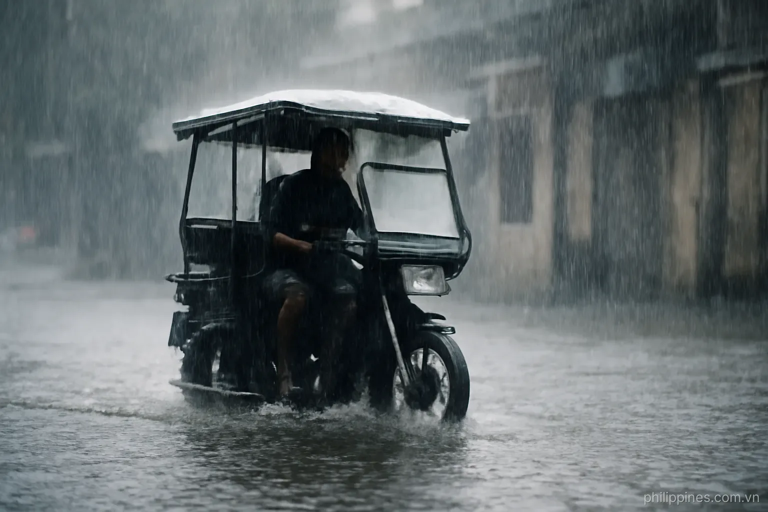 Heavy monsoon rain falling on a flooded street with a tricycle passing through shallow water, no readable text