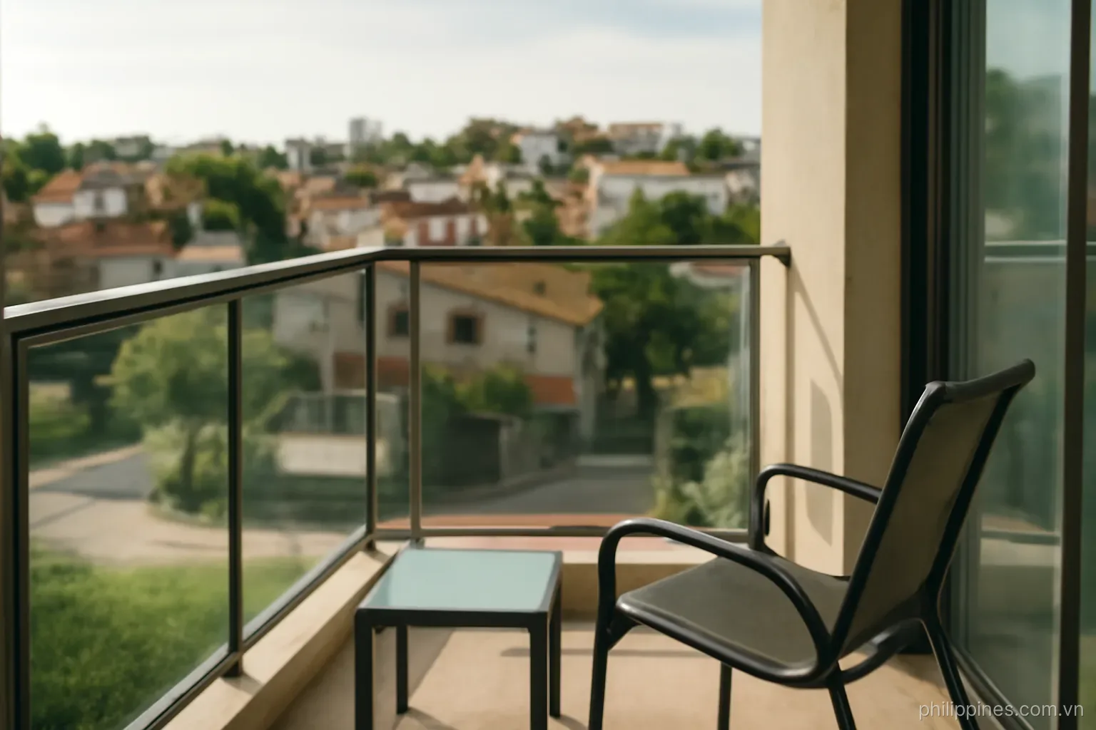 A residential tower balcony overlooking low-rise rooftops and a guarded street entrance below, no readable text