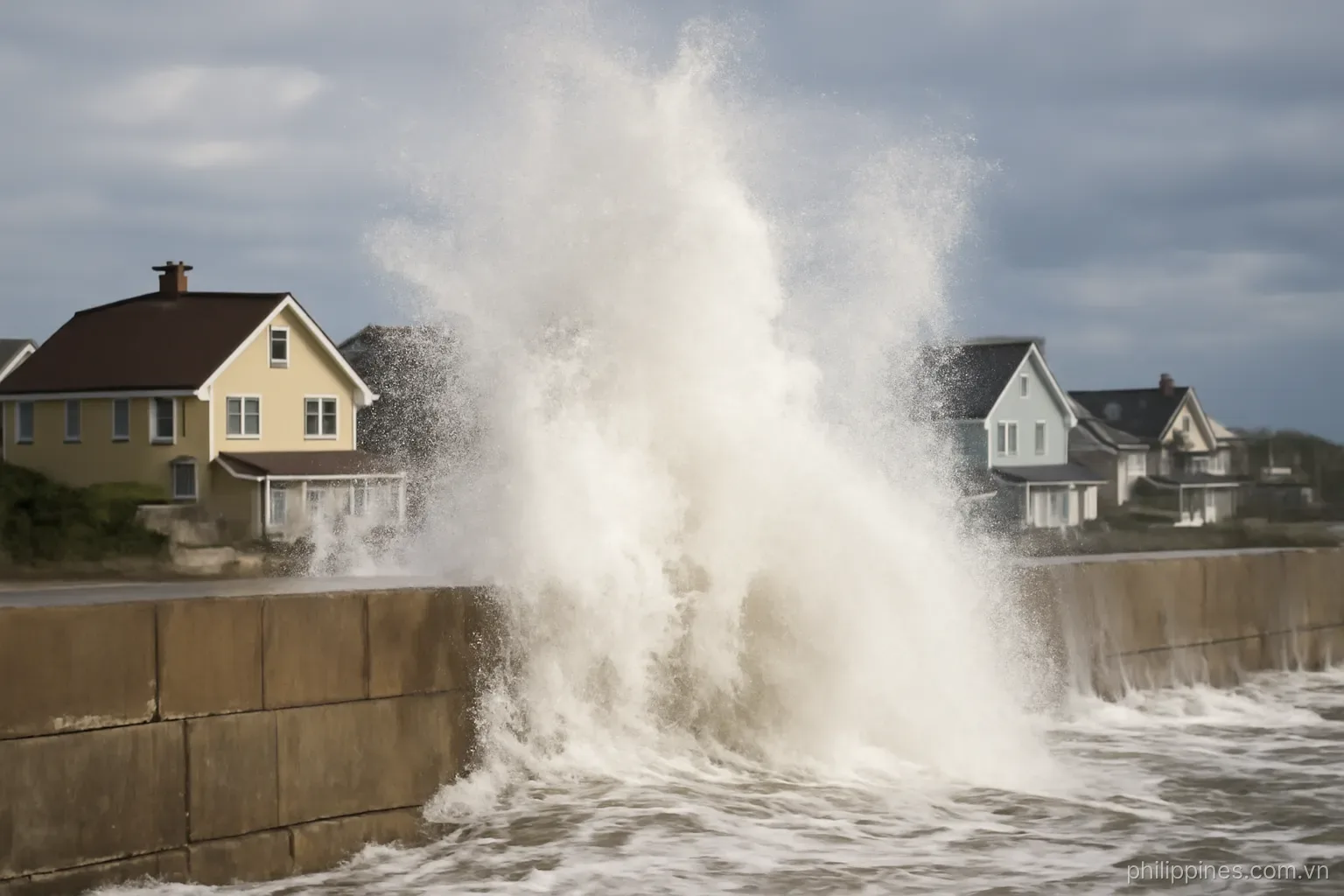 A concrete seawall with waves breaking over it and spray rising above coastal houses behind, no readable text