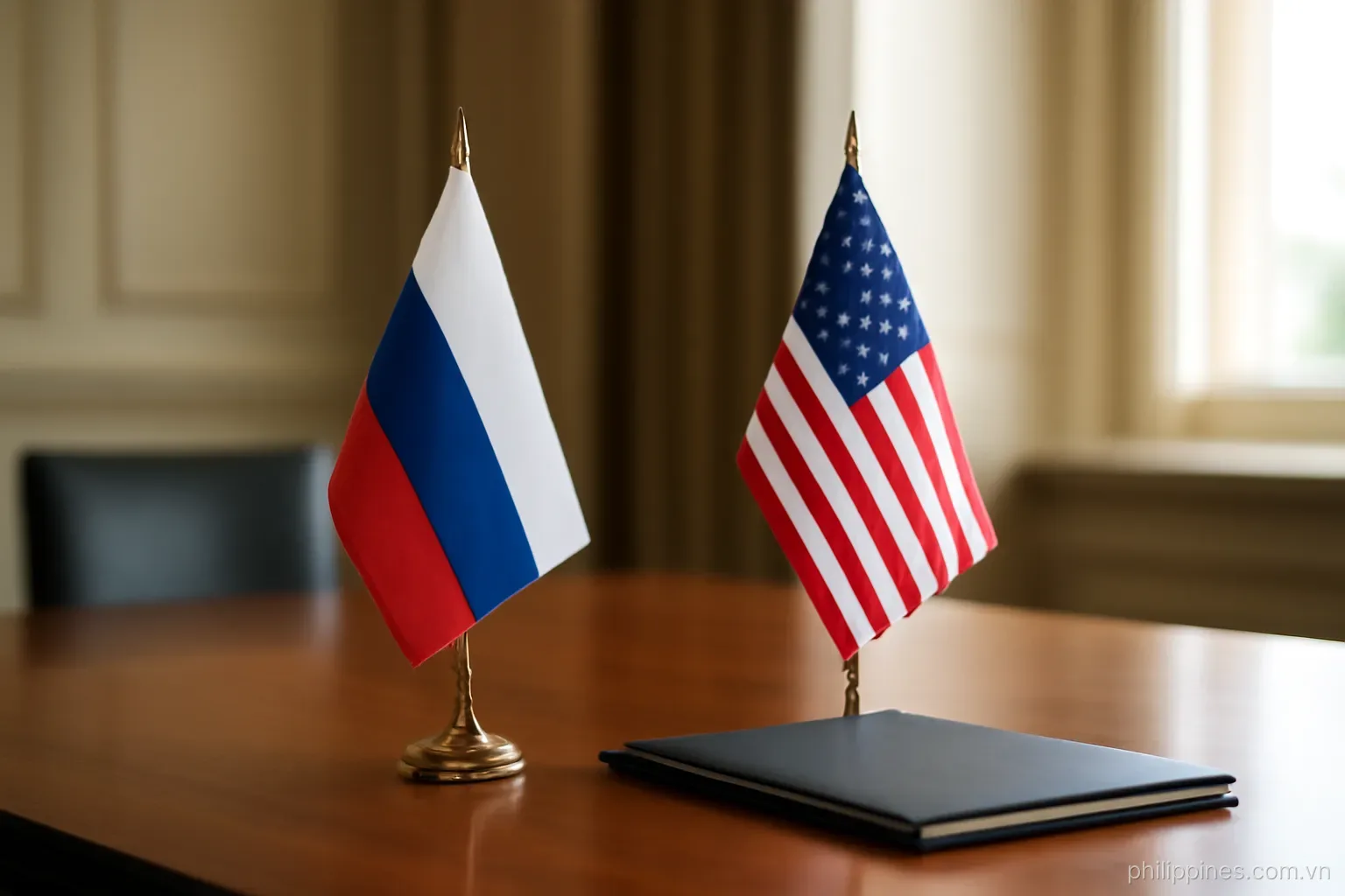 Two national flags on desk stands beside a folder at a signing table in a formal meeting room, no readable text