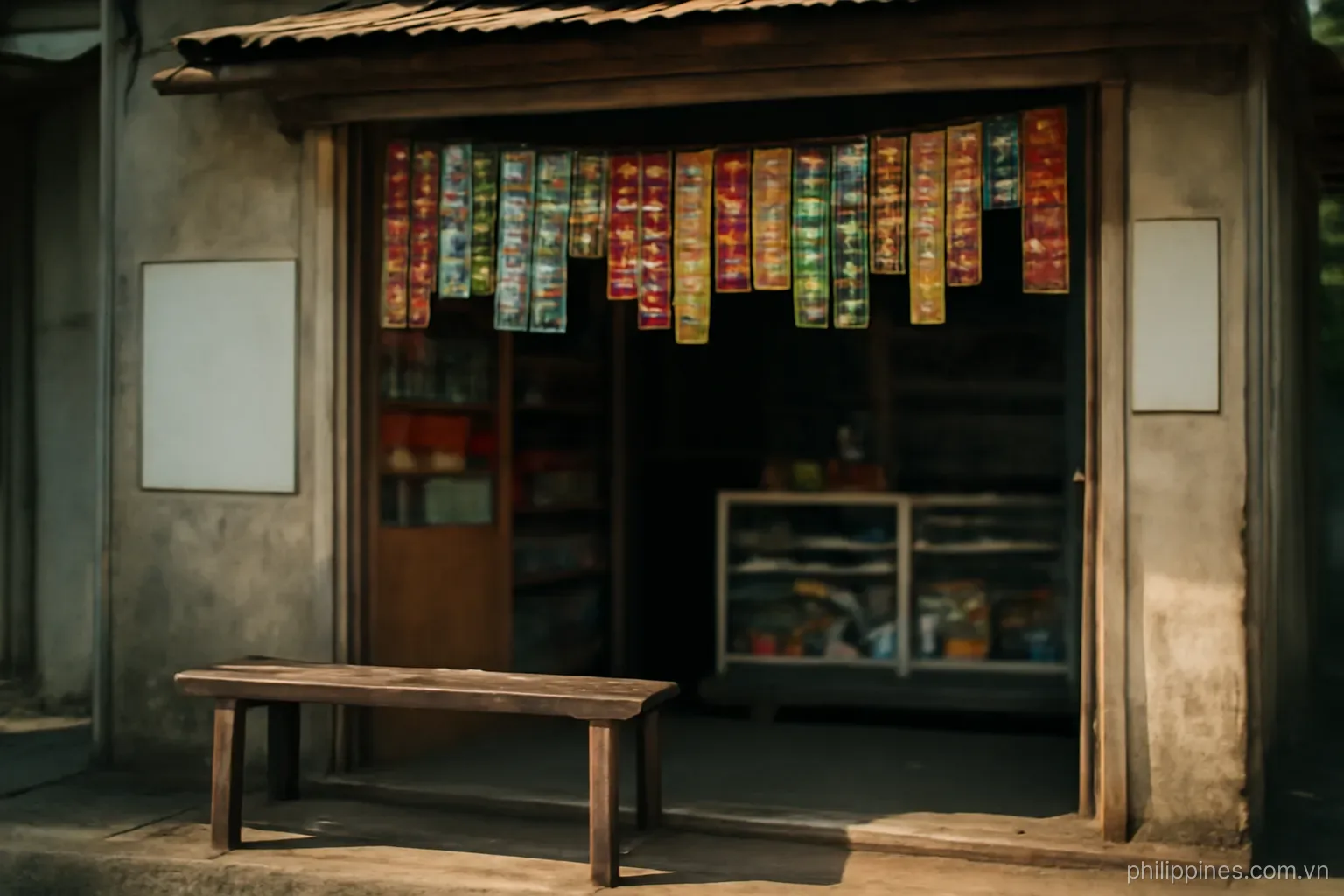 A small neighbourhood corner store with sachets hanging in rows and a bench outside, no readable text