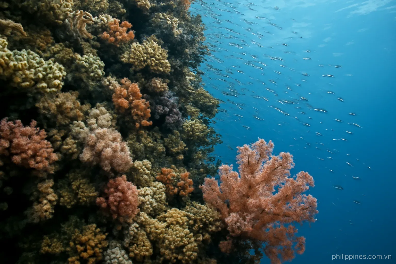 A dense coral reef wall with schools of small fish and soft corals in clear blue water, no readable text