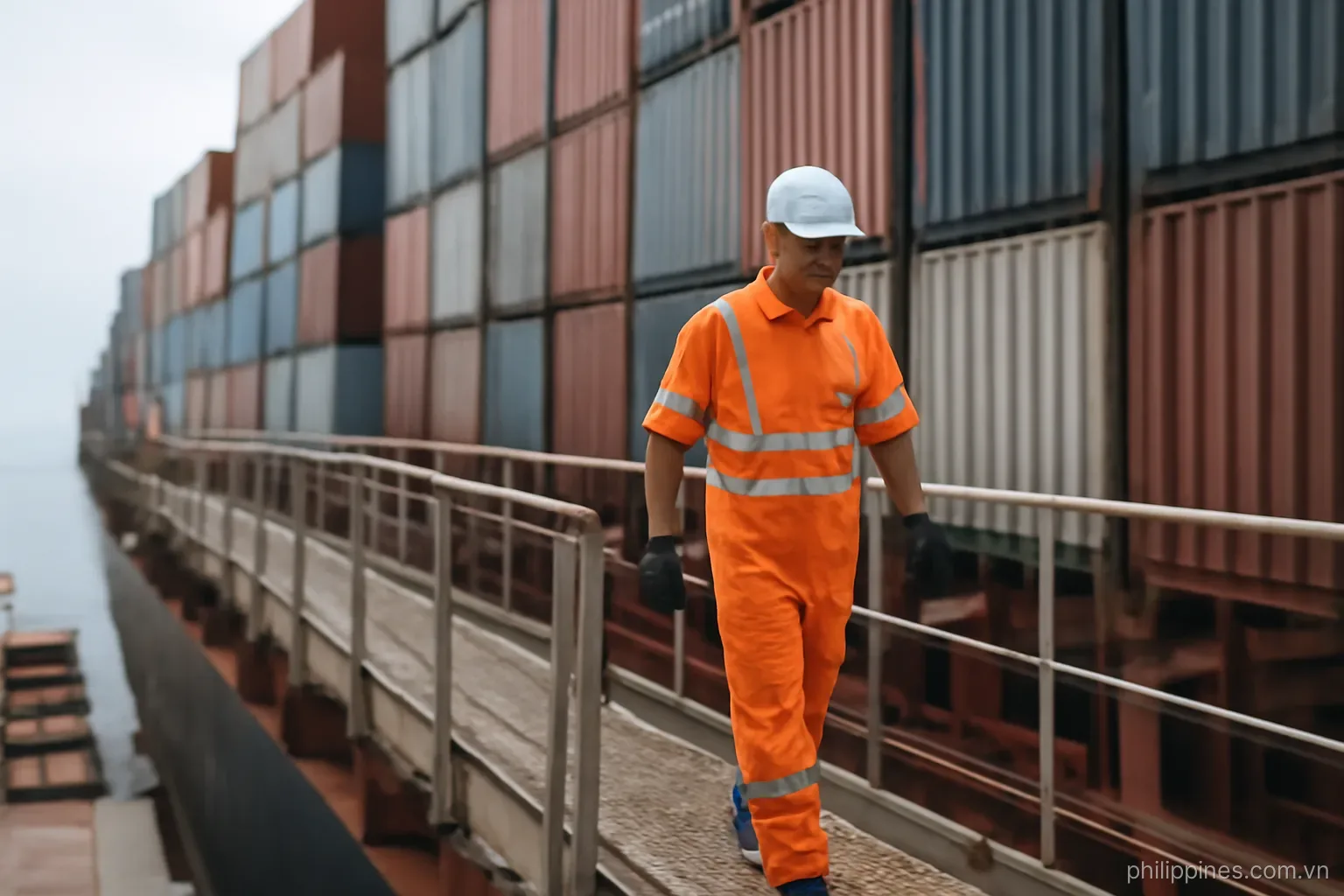 A cargo ship deck with containers stacked high and a crew member walking along the gangway, no readable text