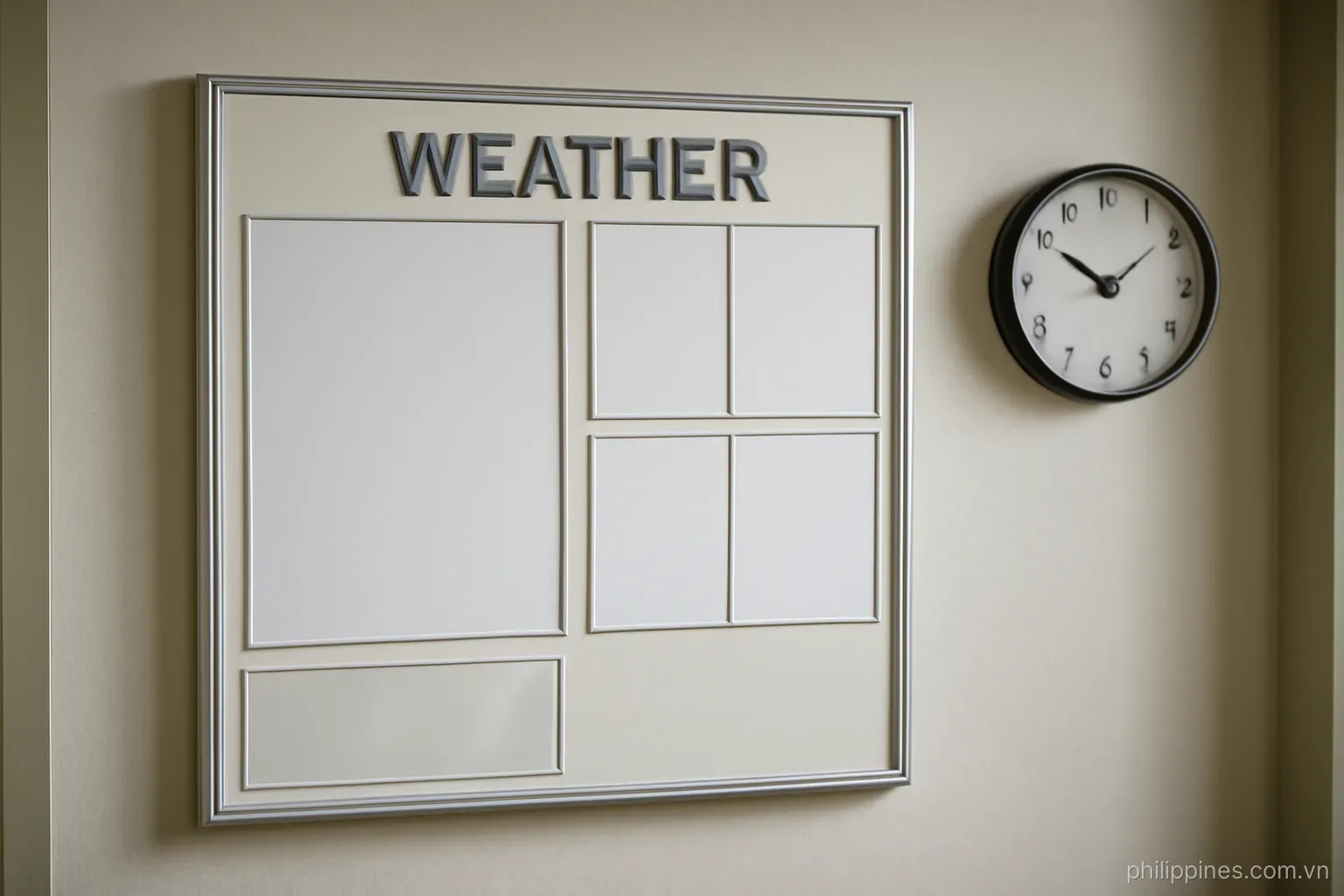 A weather bulletin board mounted on a wall of a municipal office with a wall clock beside it, no readable text