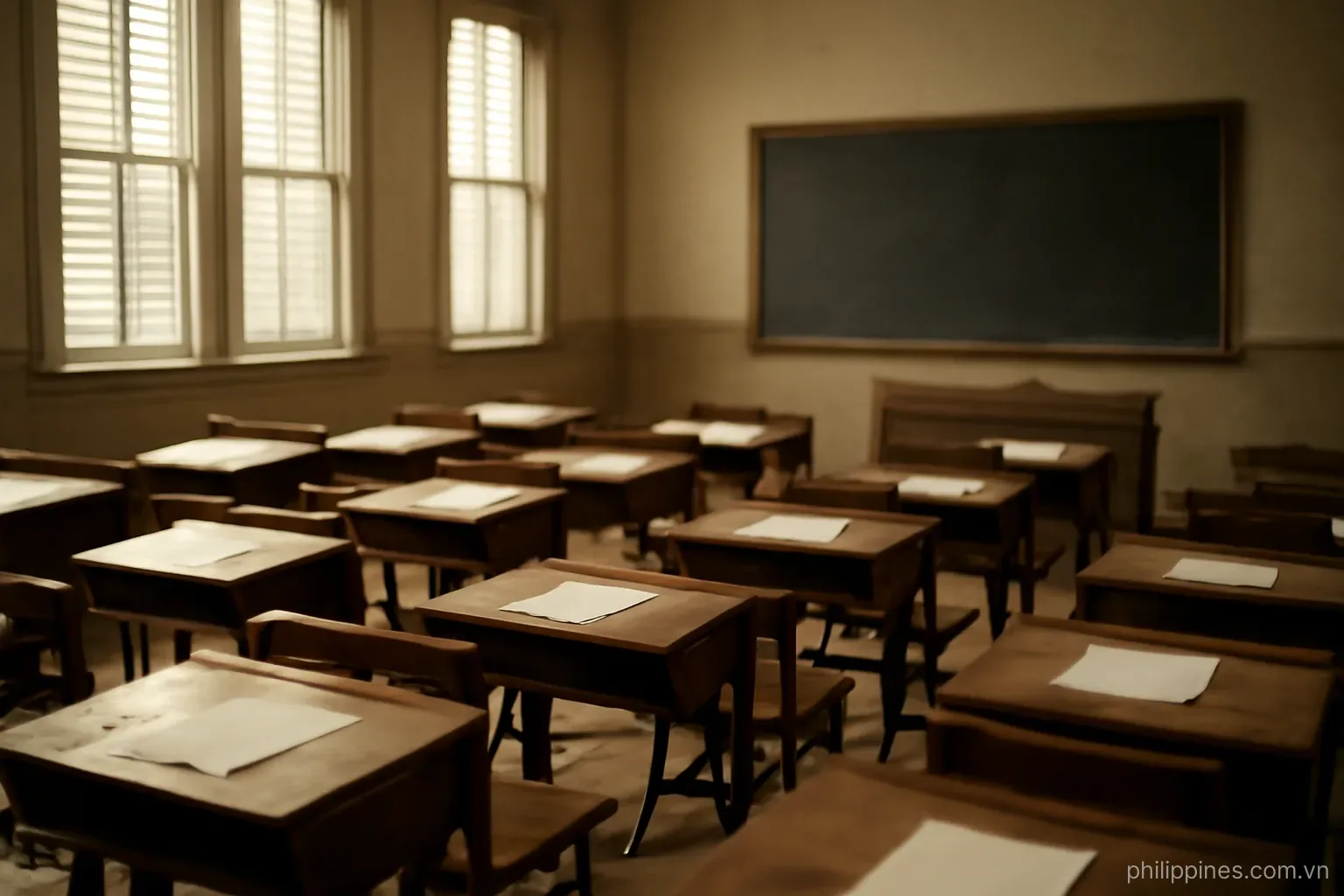 An old schoolhouse classroom with wooden desks in rows and tall shuttered windows letting in light, no readable text